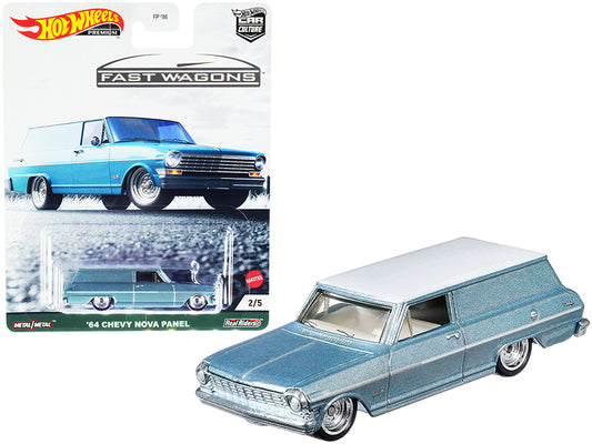 1964 Chevrolet Nova Panel diecast model car in light blue metallic with white top, 1/64 scale, from Hot Wheels' Fast Wagons series.