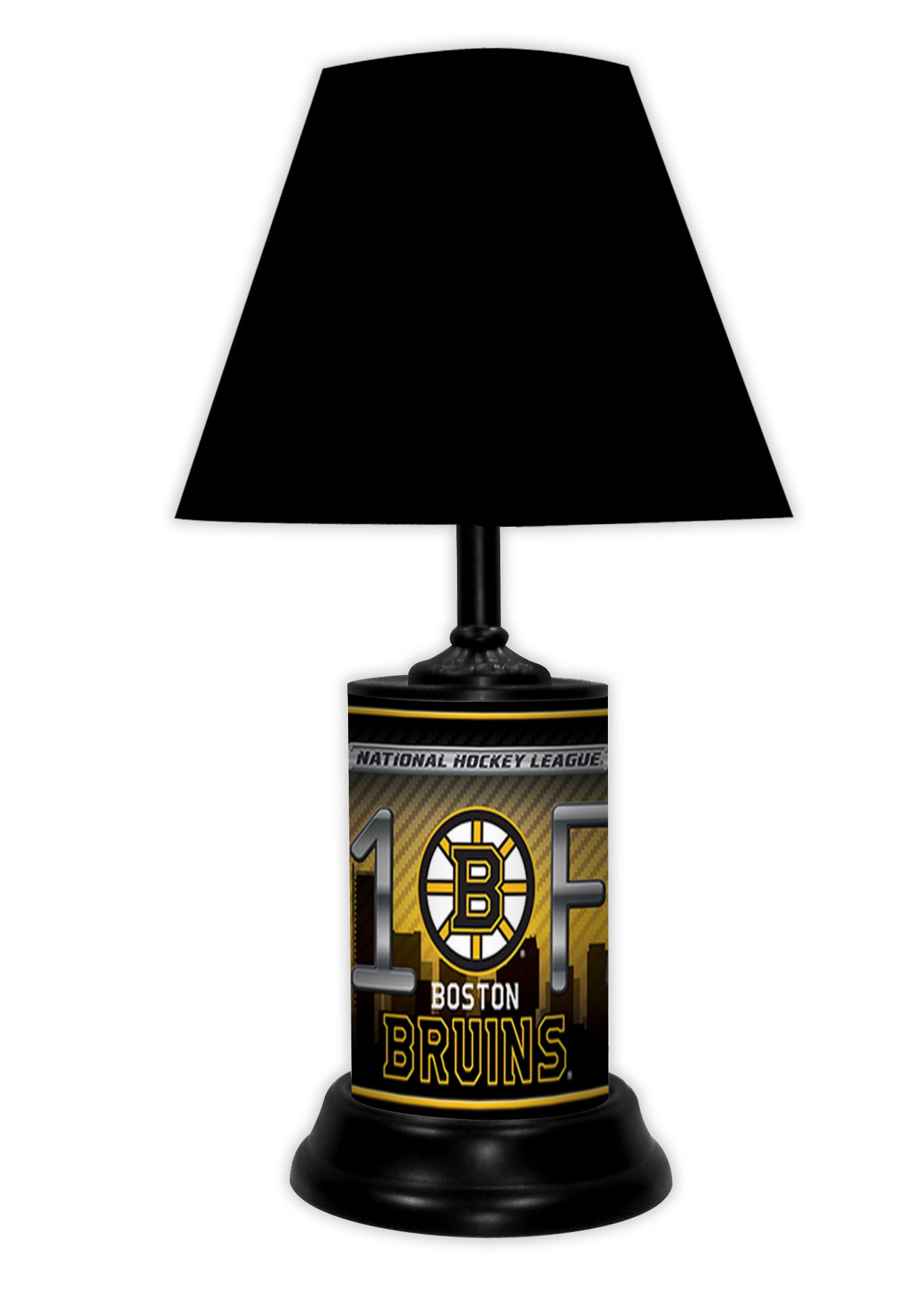 Boston Bruins tabletop lamp featuring team colors, logo and wording "#1 Fan" with black base and black shade