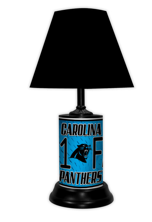 Carolina Panthers tabletop lamp featuring team colors, logo and wording "#1 Fan" with black base and black shade