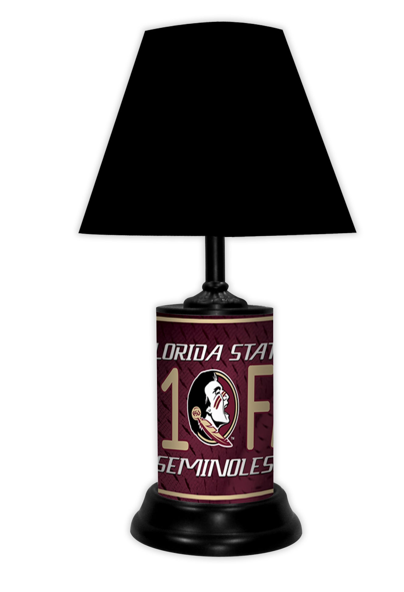 Florida Seminoles tabletop lamp featuring team colors, logo and wording "#1 Fan" with black base and black shade