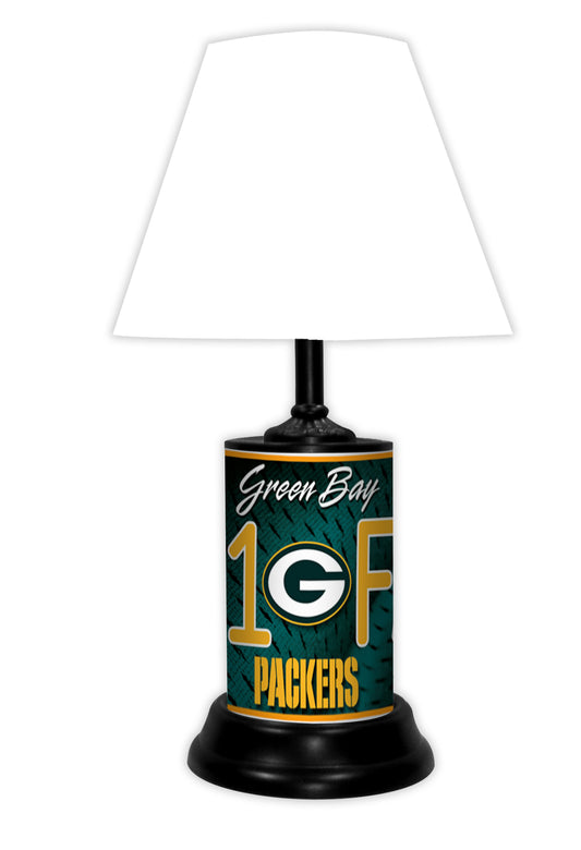 Green Bay Packers tabletop lamp featuring team colors, logo and wording "#1 Fan" with black base and white shade