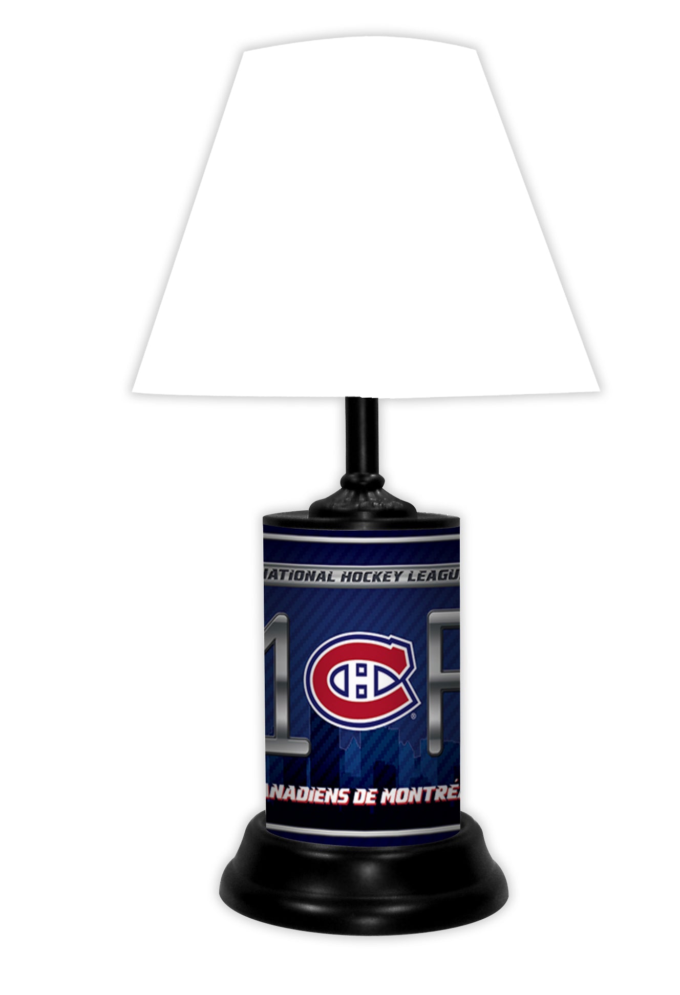 Montreal Canadiens  tabletop lamp featuring team colors, logo and wording "#1 Fan" with black base and white shade