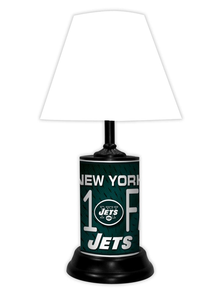 New York Jets tabletop lamp featuring team colors, logo and wording "#1 Fan" with black base and white shade