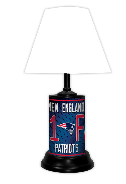 New England Patriots tabletop lamp featuring team colors, logo and wording "#1 Fan" with black base and white shade