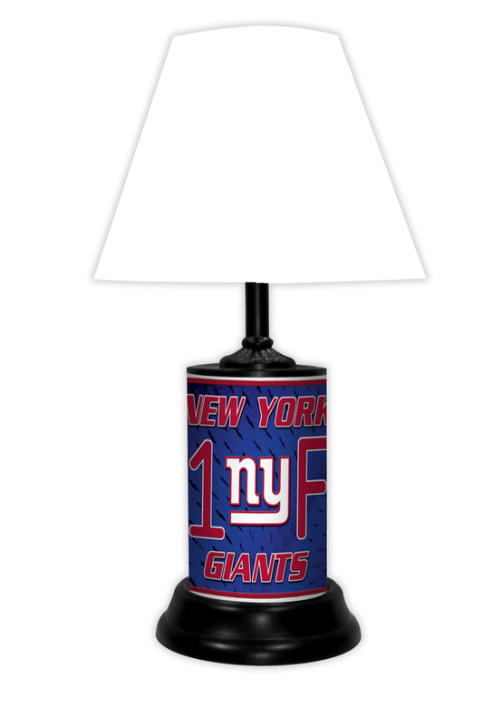 New York Giants tabletop lamp featuring team colors, logo and wording "#1 Fan" with black base and white shade