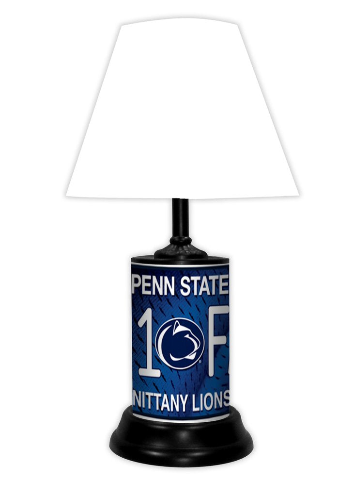 Penn State Nittany Lions tabletop lamp featuring team colors, logo and wording "#1 Fan" with black base and white shade