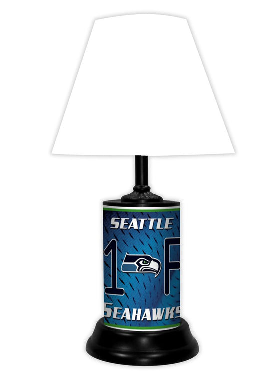 Seattle Seahawks tabletop lamp featuring team colors, logo and wording "#1 Fan" with black base and white shade