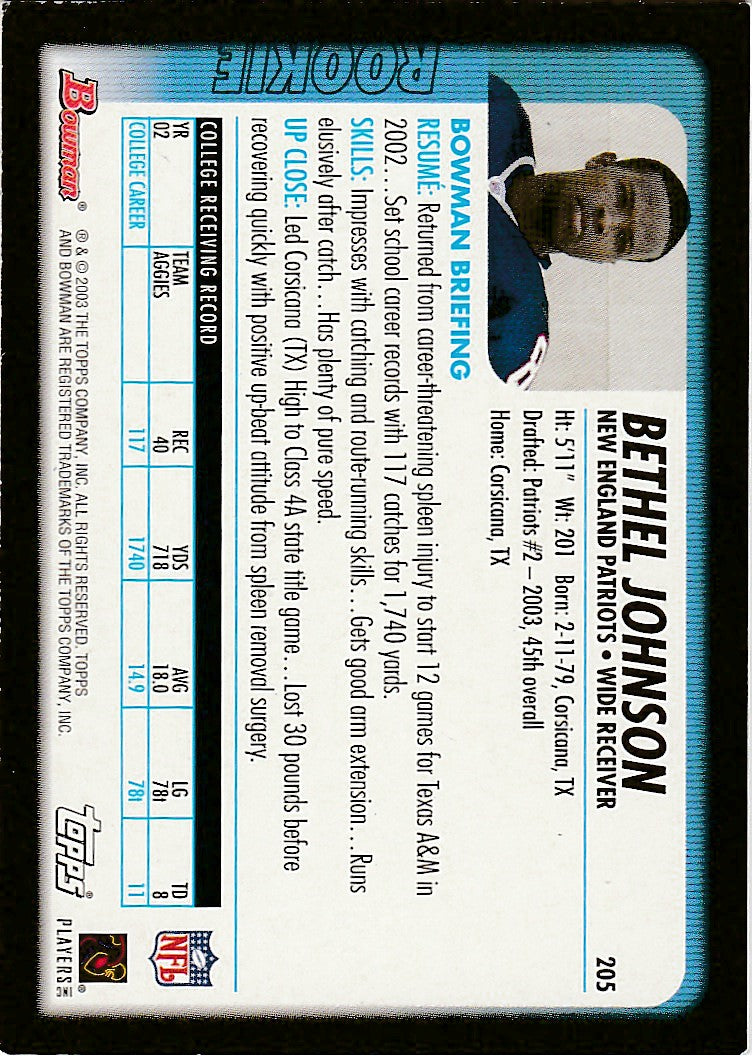 2003 Bowman #205 Bethel Johnson Rookie Card - Football Card
