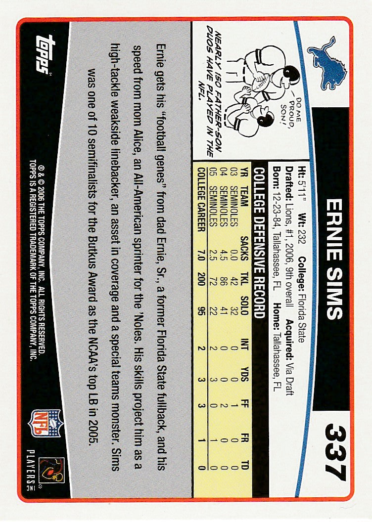 2006 Topps #337 Ernie Sims Rookie Card - Football Card