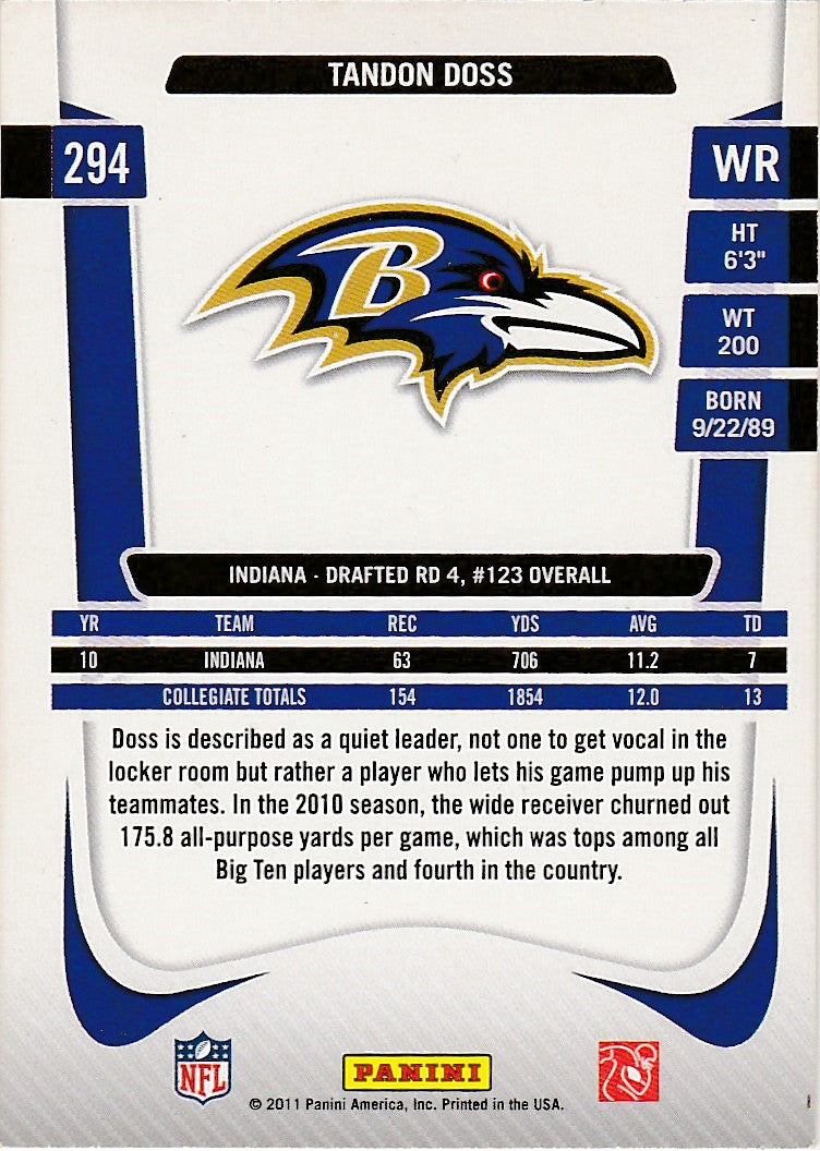 2011 Prestige #294 Tandon Doss Rookie Card - Football Card