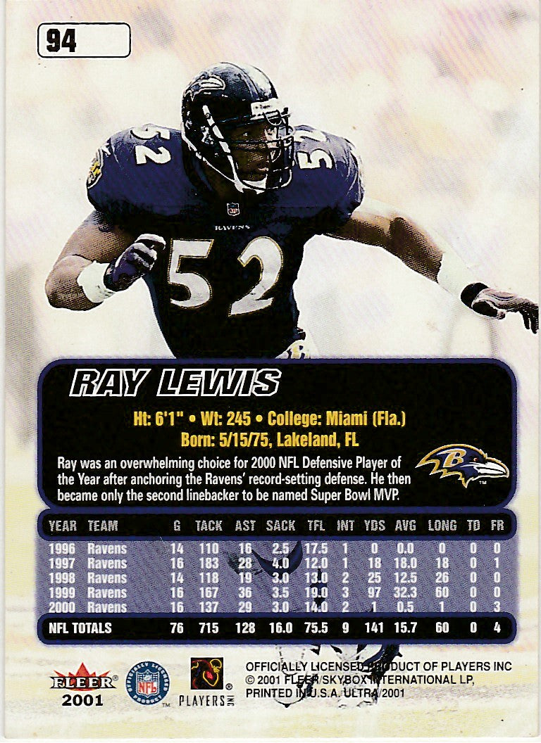 2001 Ultra #94 Ray Lewis - Football Card