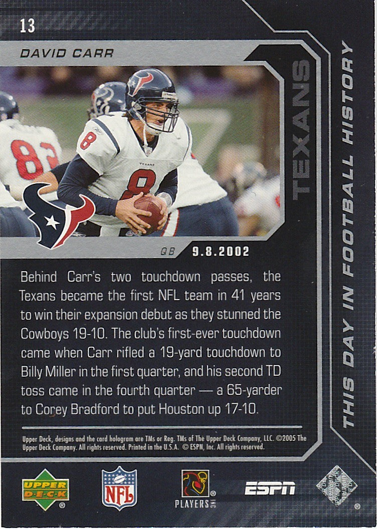 2005 Upper Deck ESPN This Day in Football History #13 David Carr - Football Card