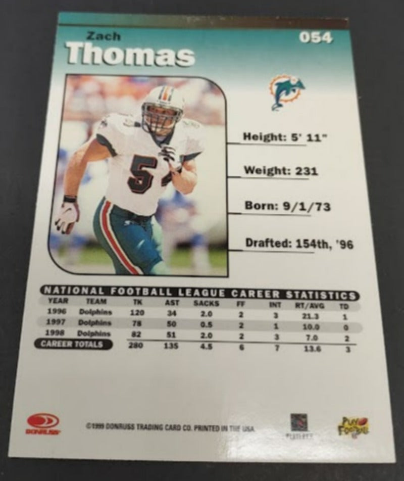 1999 Donruss Elite #54 Zach Thomas - Football Card