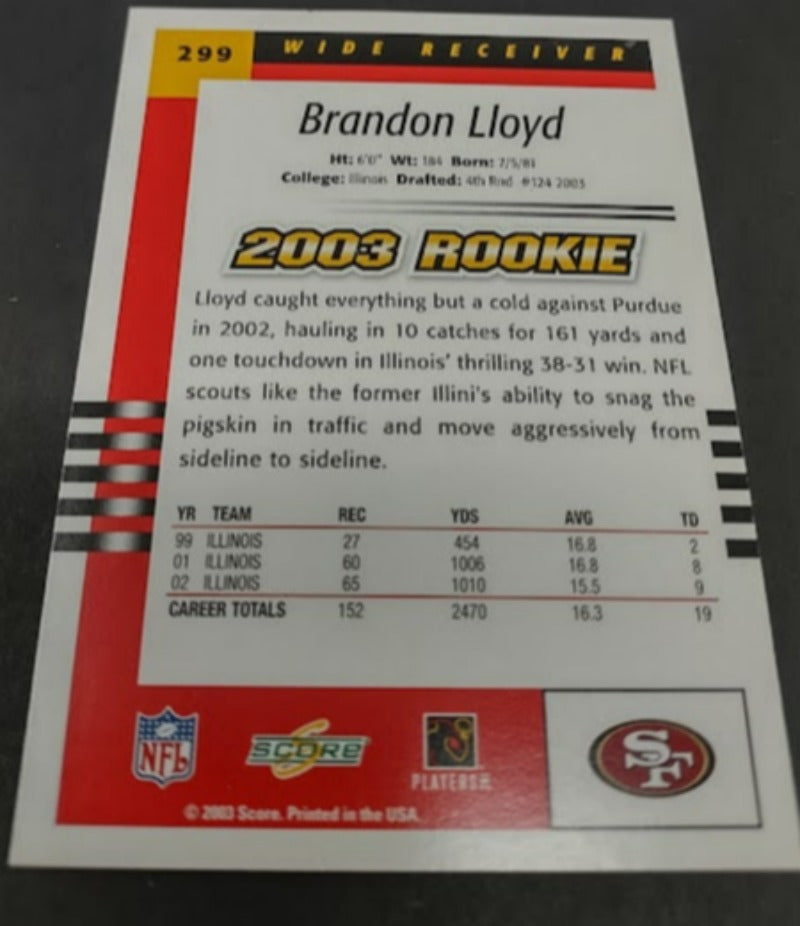 2003 Score #299 Brandon Lloyd Rookie Card - Football Card NM-MT
