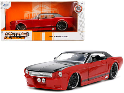 Jada 1965 Ford Mustang Custom diecast model car in red and black, 1/24 scale with opening hood, doors, and trunk.