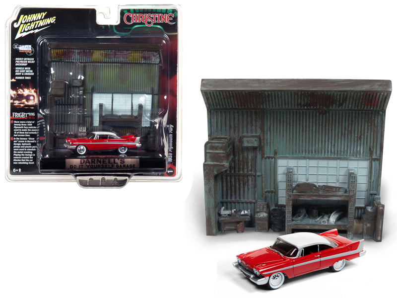 1958 Plymouth Fury Red with "Darnell's Garage" Interior Diorama from "Christine" (1983) Movie 1/64 Diecast Model by Johnny Lightning
