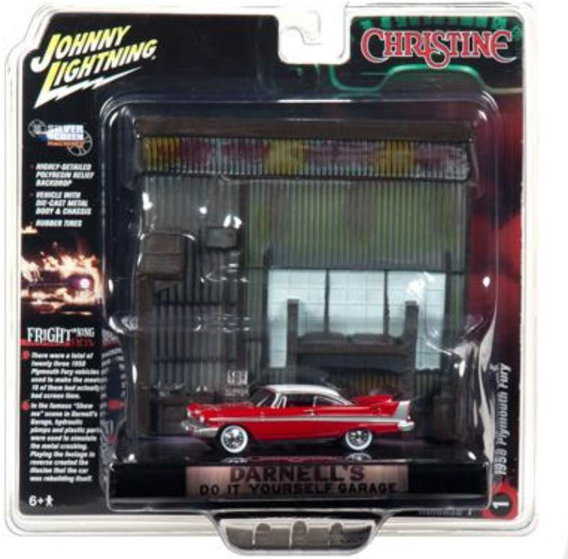 1958 Plymouth Fury Red with "Darnell's Garage" Interior Diorama from "Christine" (1983) Movie 1/64 Diecast Model by Johnny Lightning