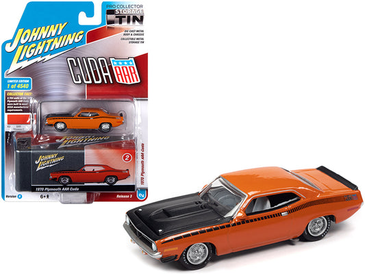 1970 Plymouth AAR Barracuda Vitamin C Orange w/ Black Stripes & Hood & Collector Tin Limited Edition to 4540 pcs. 1/64 Diecast Car by Johnny Lightning