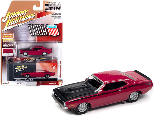 1970 Plymouth AAR Barracuda Moulin Rouge Red w/ Black Stripes & Hood & Collector Tin Limited Edition to 4540 pcs. 1/64 Diecast Car by Johnny Lightning