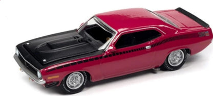 1970 Plymouth AAR Barracuda Moulin Rouge Red w/ Black Stripes & Hood & Collector Tin Limited Edition to 4540 pcs. 1/64 Diecast Car by Johnny Lightning