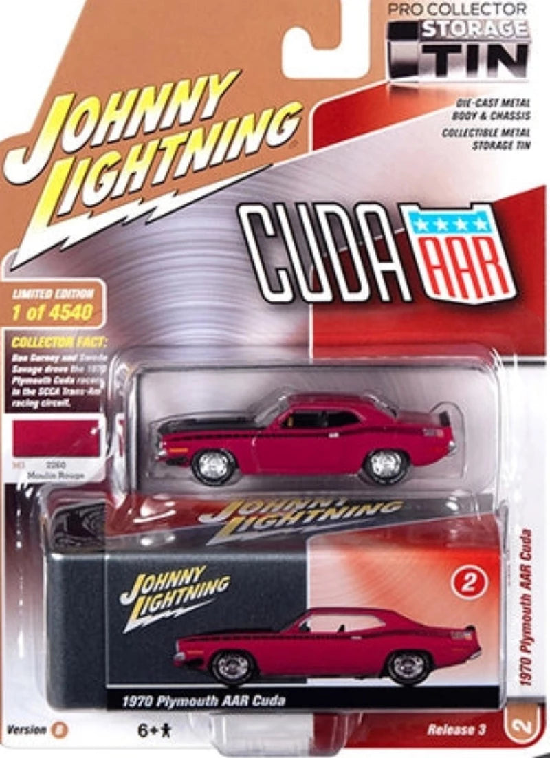 1970 Plymouth AAR Barracuda Moulin Rouge Red w/ Black Stripes & Hood & Collector Tin Limited Edition to 4540 pcs. 1/64 Diecast Car by Johnny Lightning