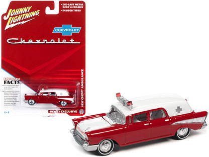 Johnny Lightning 1957 Chevrolet Ambulance in Kosmos Red and White, 1/64 diecast model, limited edition with detailed interior.