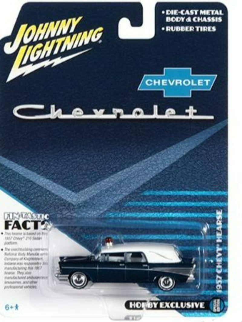 1957 Chevrolet Hearse Metisse Blue Metallic with White Top 1/64 Diecast Model Car by Johnny Lightning