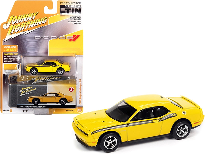 2010 Dodge Challenger R/T Detonator Yellow with Black Stripes and Collector Tin Limited Edition to 5036 pcs 1/64 Diecast Car by Johnny Lightning