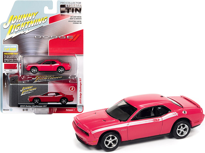 2010 Dodge Challenger R/T Furious Fuchsia Pink with White Stripes and Collector Tin Limited Edition to 5036 pcs 1/64 Diecast Car by Johnny Lightning