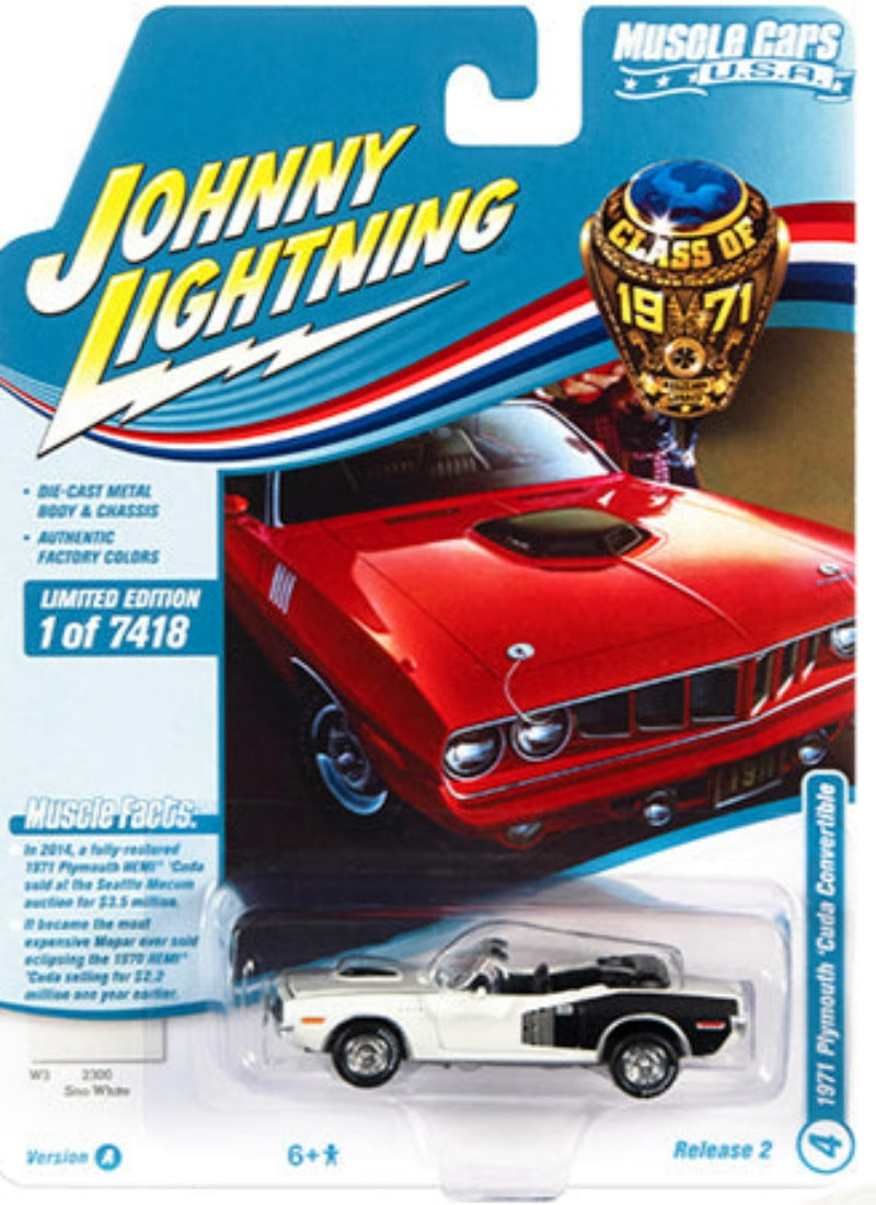 1971 Plymouth Barracuda Convertible White with Black HEMI Limited Edition to 7418 pcs. "Muscle Cars USA" Series 1/64 Diecast Car - Johnny Lightning