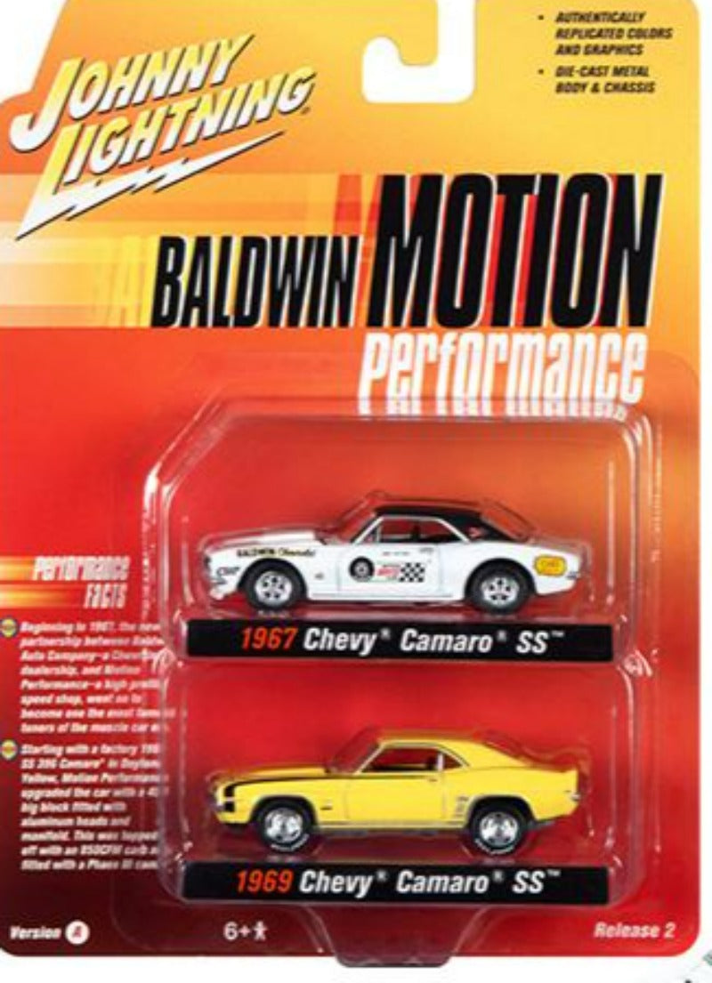 1969 Chevrolet Camaro SS Yellow and 1967 Chevrolet Camaro SS White "Baldwin Motion Performance" Set of 2 pieces 1/64 Diecast Cars by Johnny Lightning