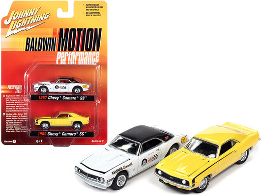 1969 Chevrolet Camaro SS Yellow and 1967 Chevrolet Camaro SS White "Baldwin Motion Performance" Set of 2 pieces 1/64 Diecast Cars by Johnny Lightning