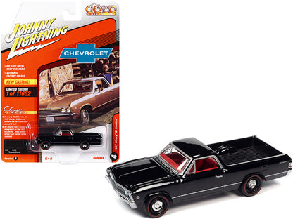 Johnny Lightning 1/64 scale 1967 Chevrolet El Camino diecast model in tuxedo black with red interior, limited edition of 11,652 pieces.