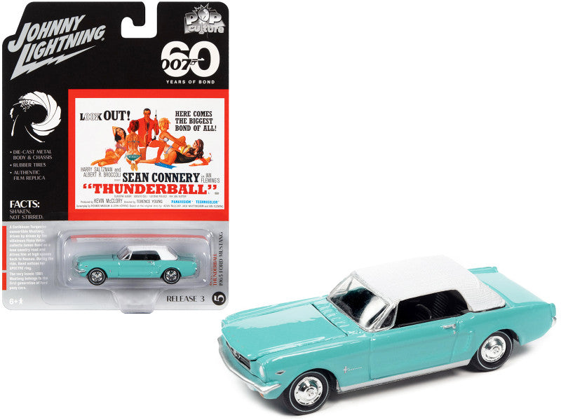 Johnny Lightning 1965 Ford Mustang diecast model car in light blue with white top, 1/64 scale, from James Bond 007 'Thunderball'.