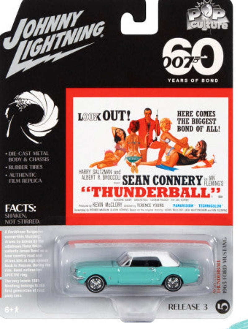 1965 Ford Mustang Light Blue w/ White Top James Bond 007 "Thunderball" (1965) Movie "Pop Culture" 2022 Release 3 1/64 Diecast Car - Johnny Lightning