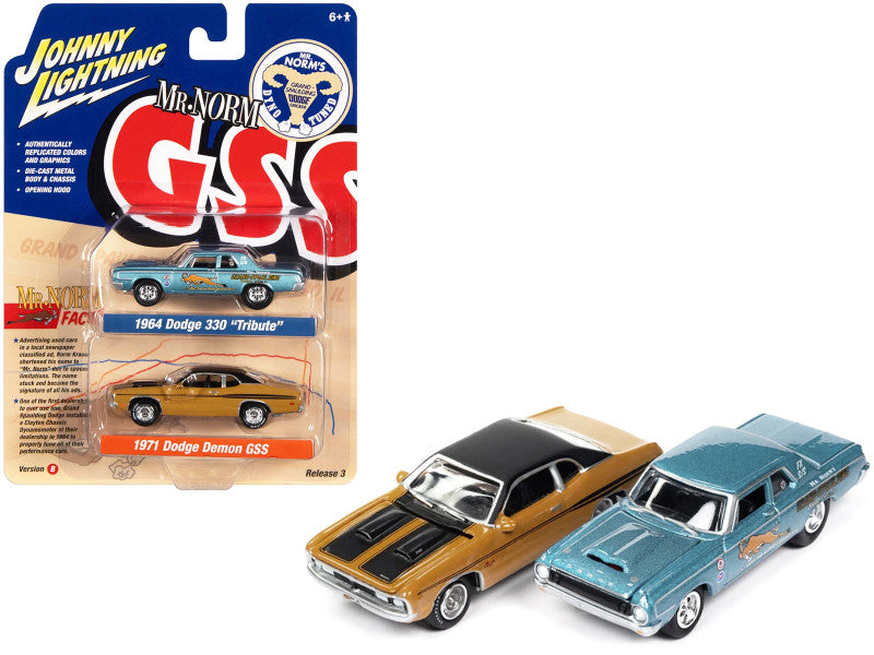 1964 Dodge 330 "Mr. Norm - Grand Spaulding Dodge" Blue and 1971 Dodge Demon GSS Orange "Mr. Norm GSS" Series Set  2 Cars 1/64 Diecast Cars