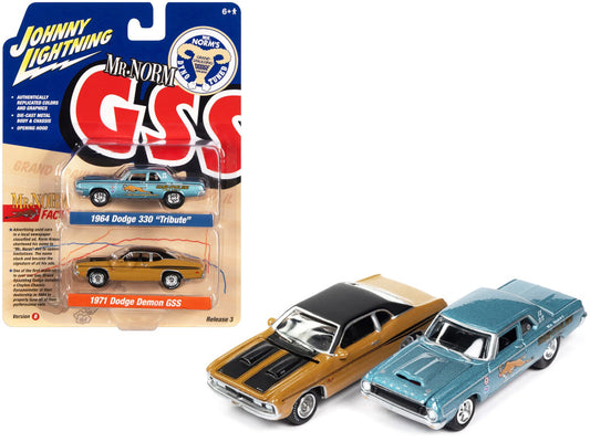 1964 Dodge 330 and 1971 Dodge Demon GSS diecast car set in blue and orange, 1/64 scale, limited edition, real rubber tires.