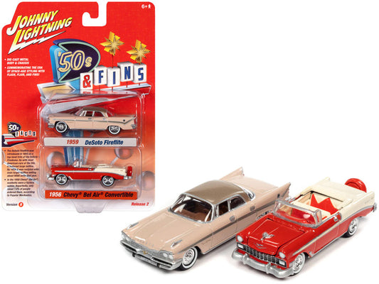 Set of 2 1/64 diecast cars: 1956 Chevrolet Bel Air Convertible in red and white and 1959 Desoto Fireflite in pink.