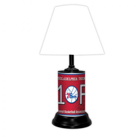 Philadelphia 76ers tabletop lamp featuring team colors, logo and wording "#1 Fan" with black base and white shade