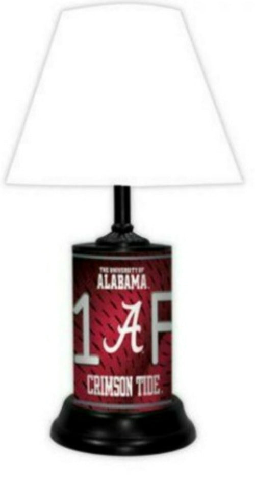 Alabama Crimson Tide tabletop lamp featuring team colors, logo and wording "#1 Fan" with black base and white shade