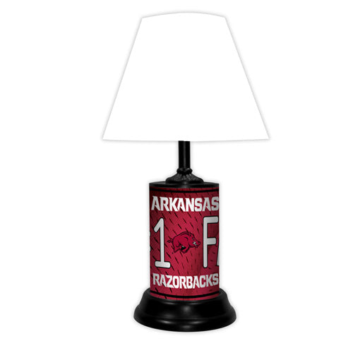 Arkansas Razorbacks tabletop lamp featuring team colors, logo and wording "#1 Fan" with black base and white shade