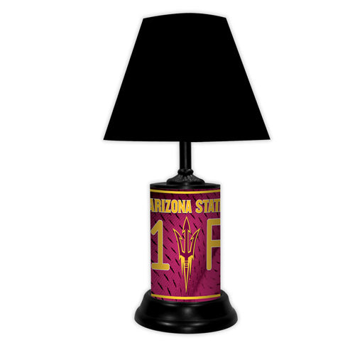 Arizona State Sun Devils tabletop lamp featuring team colors, logo and wording "#1 Fan" with black base and black shade