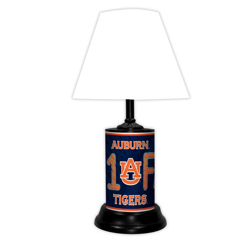 Auburn Tigers tabletop lamp featuring team colors, logo and wording "#1 Fan" with black base and white shade