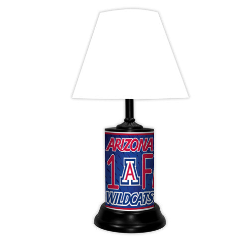 Arizona Wildcats tabletop lamp featuring team colors, logo and wording "#1 Fan" with black base and white shade