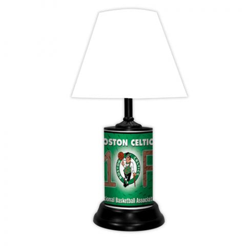 Boston Celtics tabletop lamp featuring team colors, logo and wording "#1 Fan" with black base and white shade