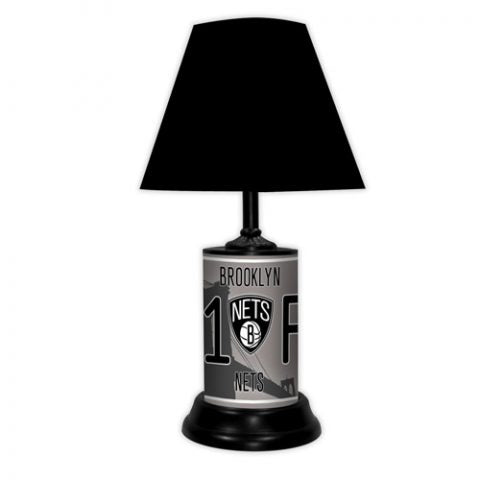 Brooklyn Nets tabletop lamp featuring team colors, logo and wording "#1 Fan" with black base and black shade