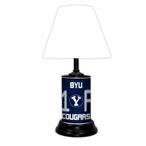 BYU Cougars tabletop lamp featuring team colors, logo and wording "#1 Fan" with black base and white shade