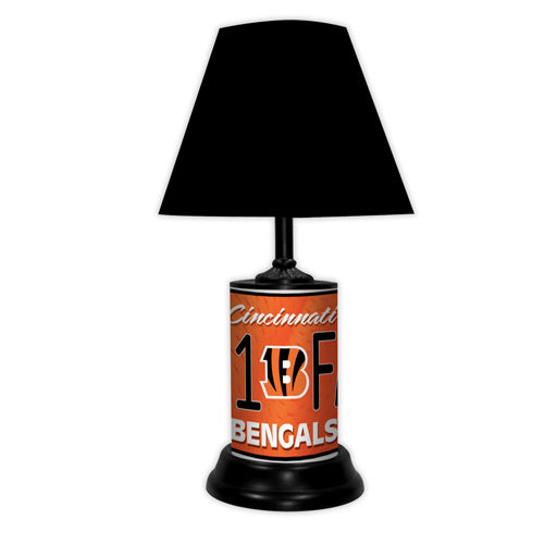 Cincinnati Bengals tabletop lamp featuring team colors, logo and wording "#1 Fan" with black base and black shade