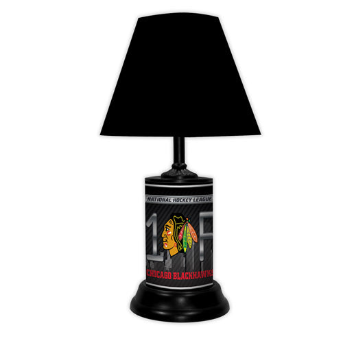 Chicago Blackhawks tabletop lamp featuring team colors, logo and wording "#1 Fan" with black base and black shade
