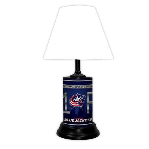 Columbus Blue Jackets tabletop lamp featuring team colors, logo and wording "#1 Fan" with black base and white shade